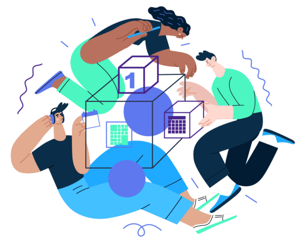 news-page_illustrations-02 blue purple and mint illustration of people planning tech news and events and working together