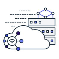 blue and purple illustration of one of our technology solutions, cloud, consisting of a cloud, signal and wifi image for innovative technology solutions