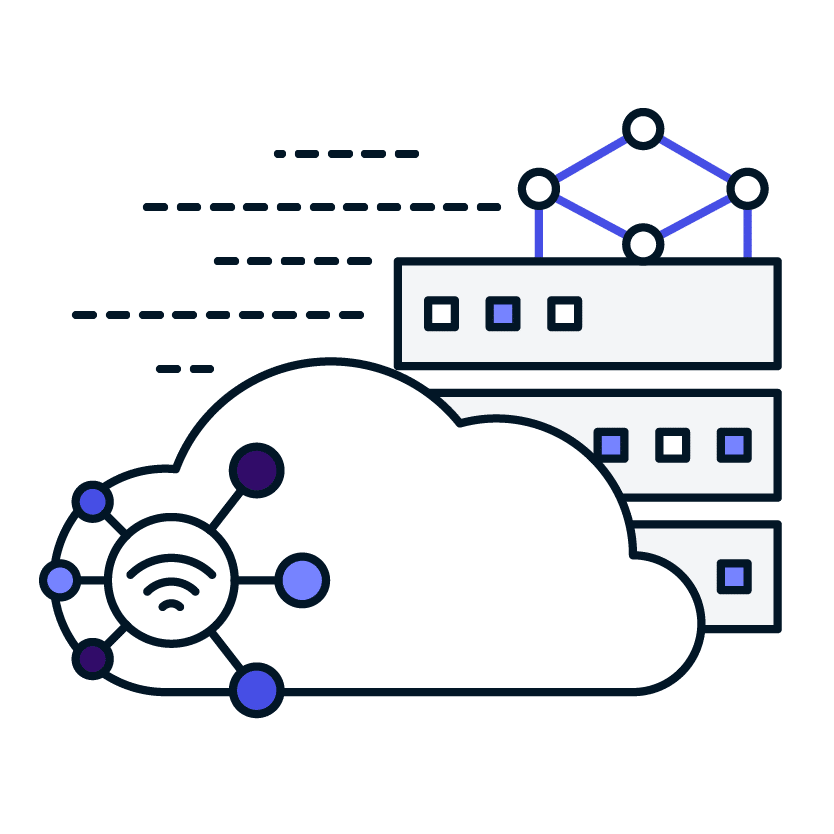 blue and purple illustration of one of our technology solutions, cloud, consisting of a cloud, signal and wifi