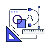 purple illustration of our technology solutions human-centered design symbol consisting of measurements, data, and people image for innovative technology solutions