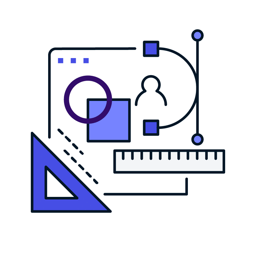 purple illustration of our technology solutions human-centered design symbol consisting of measurements, data, and people
