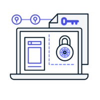 purple illustration of our cybersecurity symbol consisting of a laptop, lock, and key image for tech services