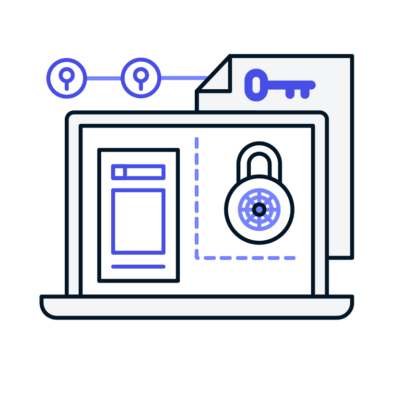 capabilities-newcolor-cyber purple illustration of our cybersecurity symbol consisting of a laptop, lock, and key for tech services