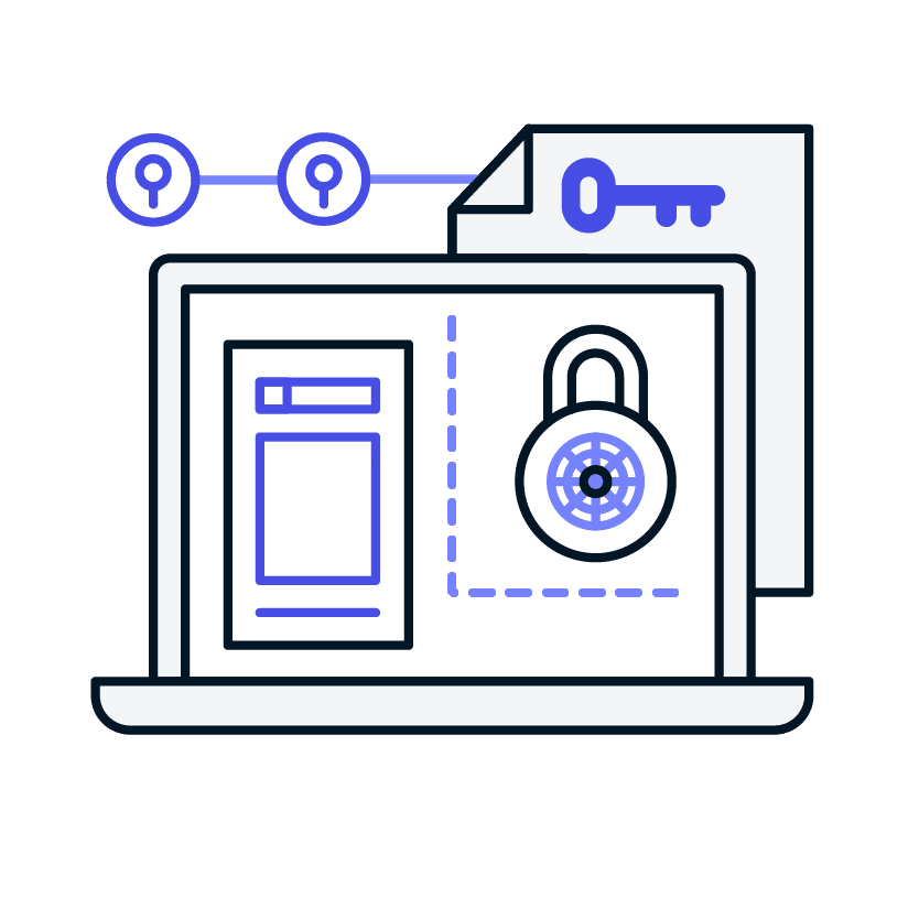 purple illustration of one of our technology solutions, cybersecurity, consisting of a laptop, lock, and key