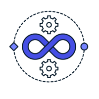 purple illustration of one of our technology solutions, a DevSecOps symbol, consisting of two working gears with an infinity symbol between them image for innovative technology solutions