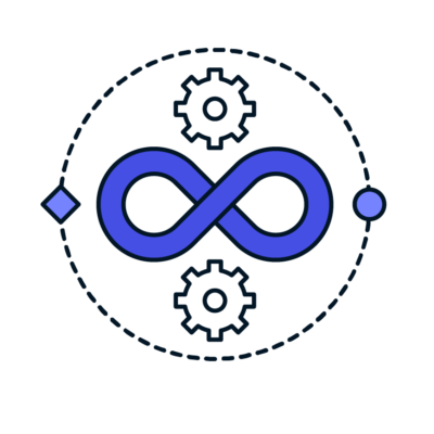 purple illustration of our DevSecOps symbol consisting of two working gears with an infinity symbol between them for tech services