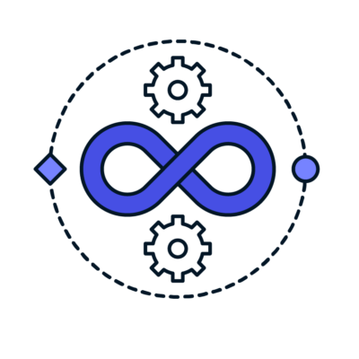 capabilities-newcolor-devops purple illustration of our DevSecOps symbol consisting of two working gears with an infinity symbol between them for tech services