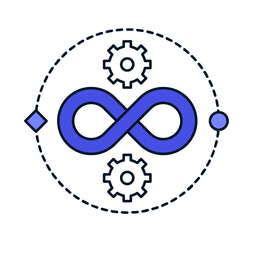 purple illustration of one of our technology solutions, a DevSecOps symbol, consisting of two working gears with an infinity symbol between them