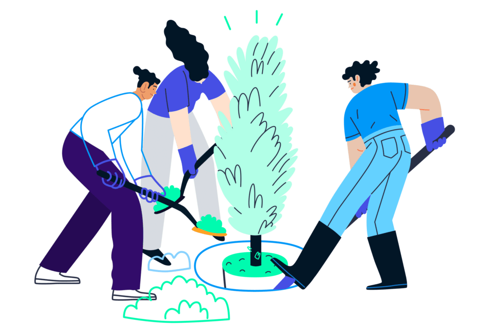 homepage-usda-farmers-illustration-newcolor-04 three people planting a tree together to represent USDA work that drives innovative technology solutions