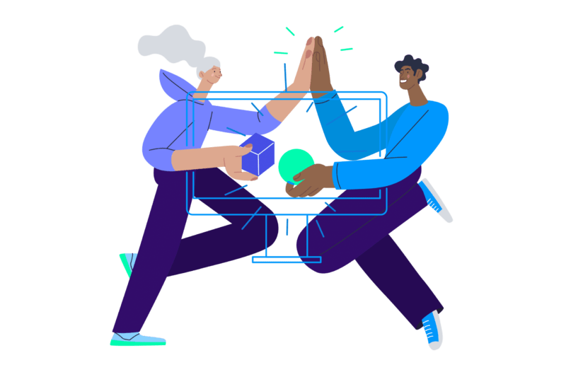 purple blue and mint illustration of two people finding a solution