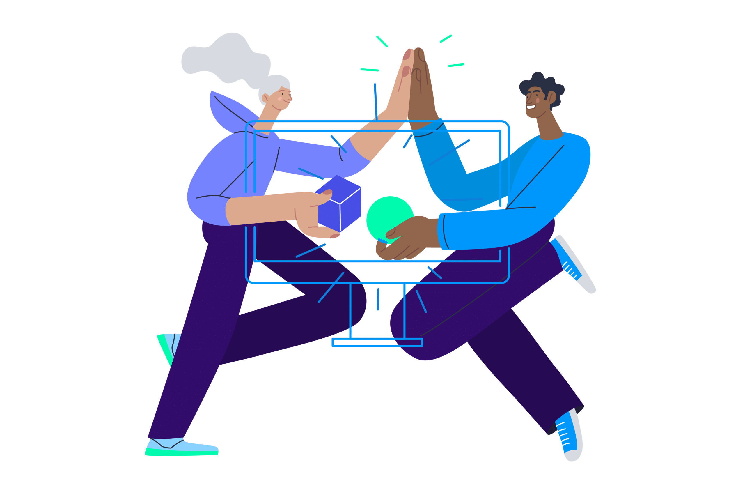 illustrations-newcolor-RD two people high fiving while working on government research and development