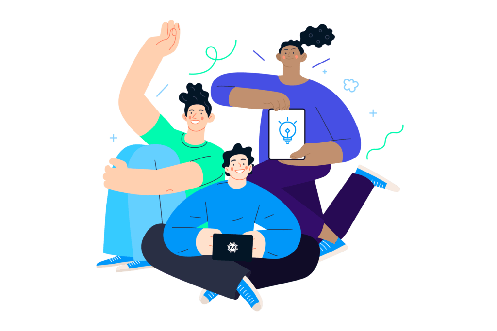 illustrations-newcolor-company-growwithus mint purple and blue illustration of people of MetroStar working together