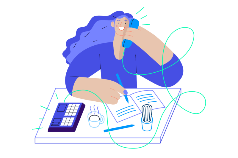 illustrations-newcolor-contractvehicles mint and purple illustration of a woman taking notes while on a phone call