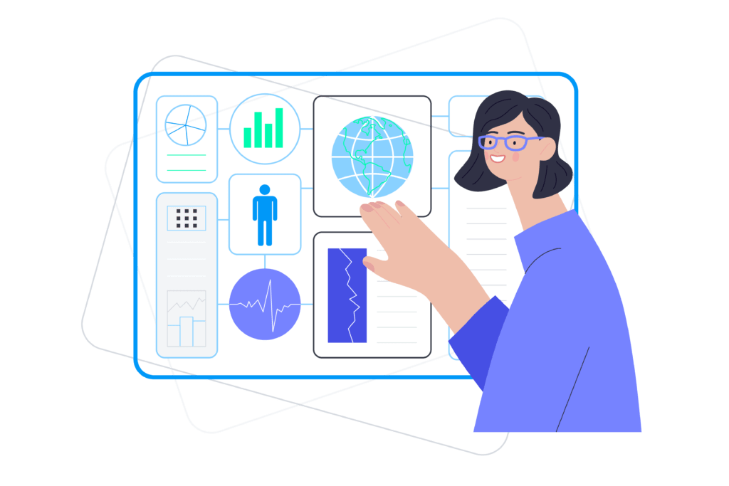 illustration of a woman showing various data metrics and secure IT solutions