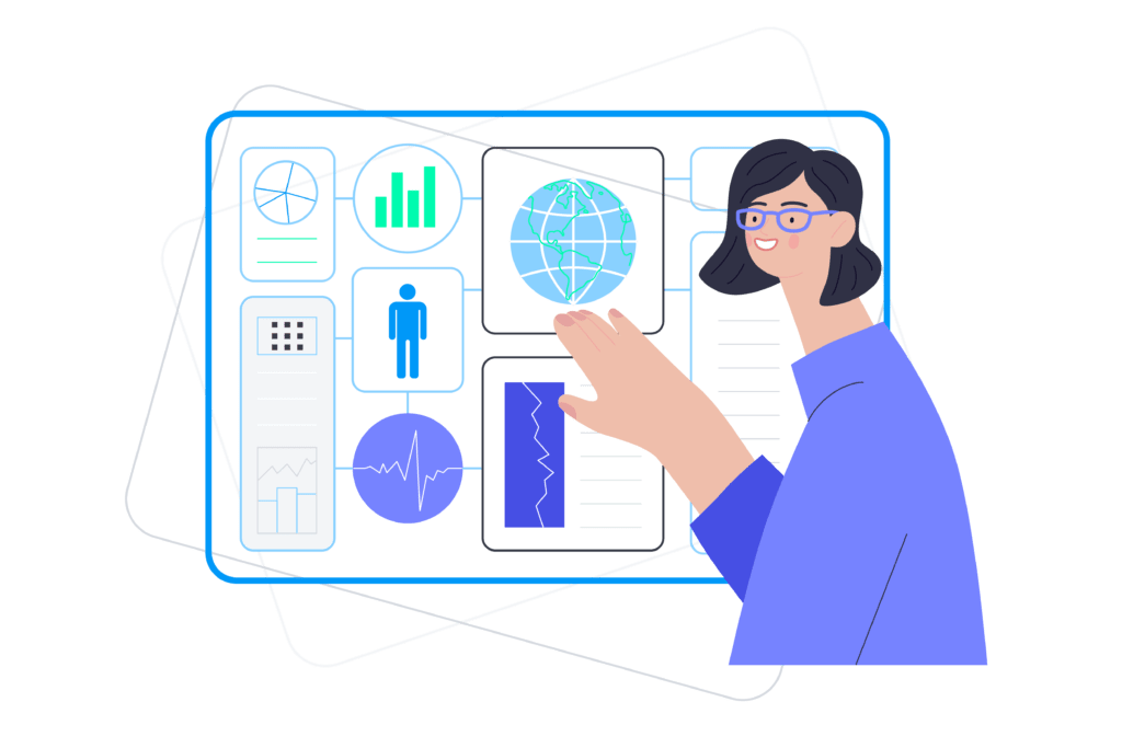illustrations-newcolor-industry-defense illustration of a woman showing various data metrics and secure IT solutions