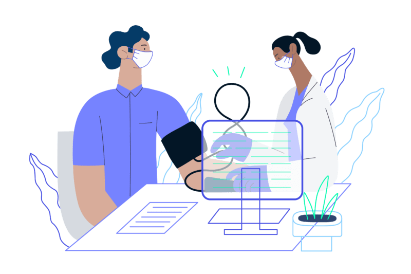 illustrations-newcolor-industry-health illustration of a man getting his blood pressure checked by a healthcare worker that works for for health IT agencies