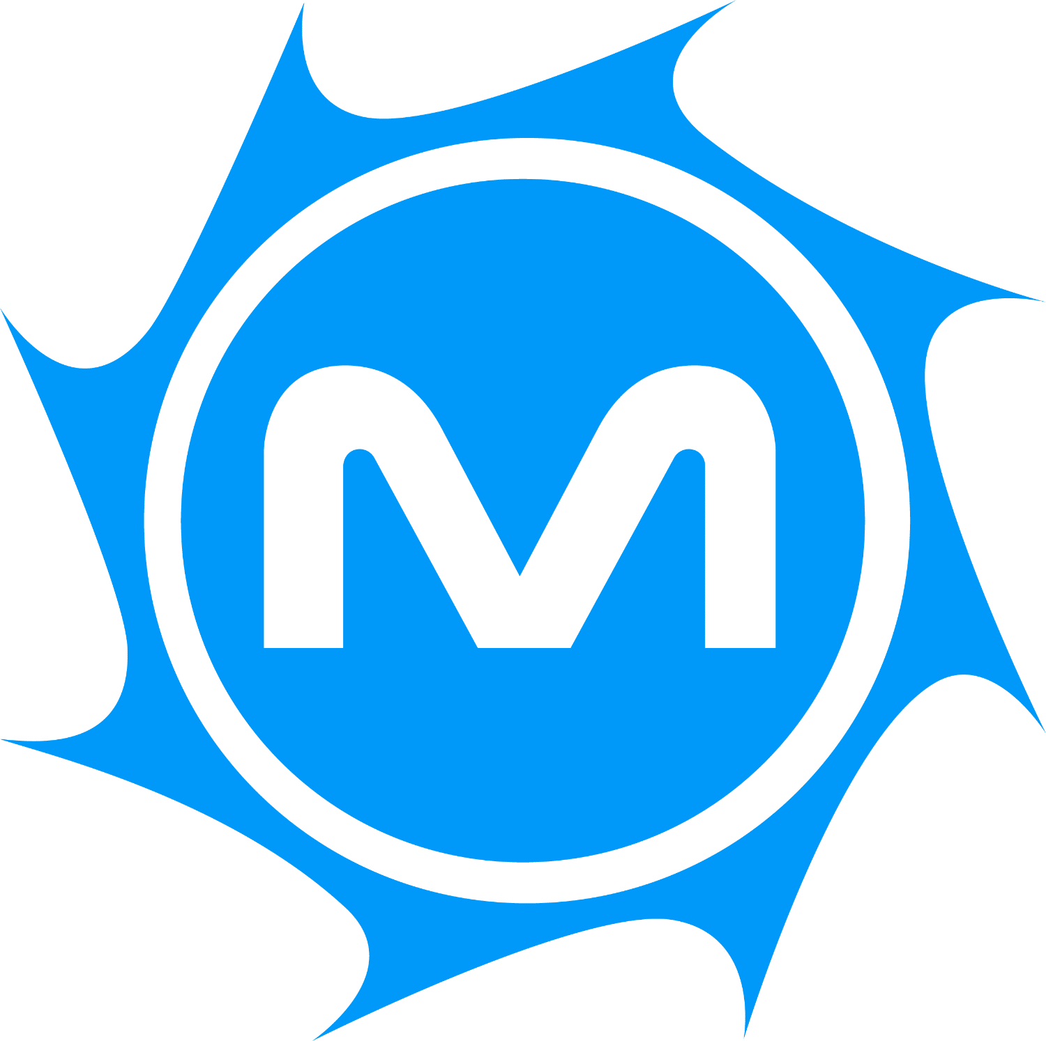 A blue sun icon with 8 points and an "m" cut out of the middle