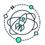 RD-icons-04 illustration of a rocket surrounded by rotating stars and other objects for government research and development