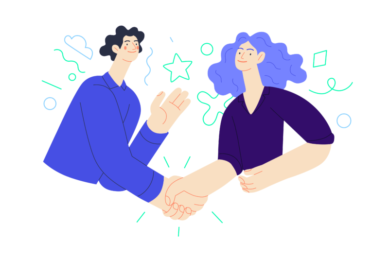 mint and purple illustration of a man and woman shaking hands 