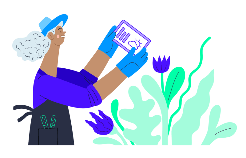 illustration of woman farming and checking data on a tablet