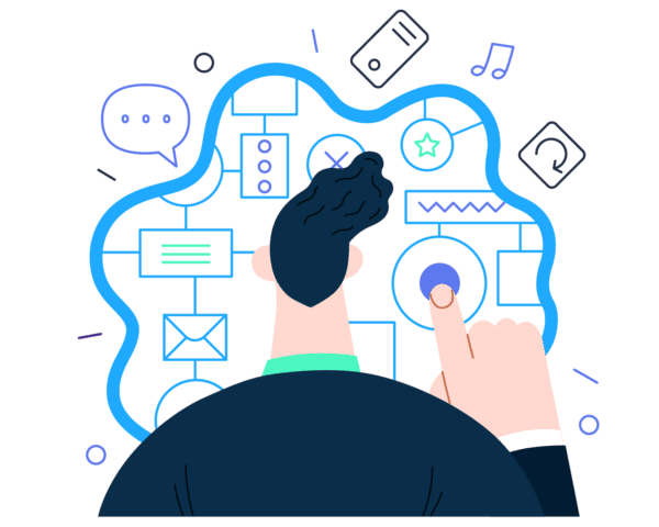 news-page_illustrations-01 blue purple and mint illustration of people planning tech news and events and working together