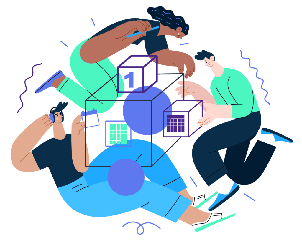 blue purple and mint illustration of people planning tech news and events and working together