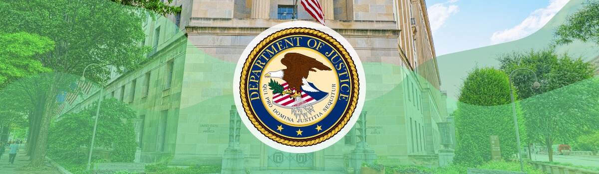 An image of the outside of the Department of Justice Building in Washington, D.C. with an overlay of the Department of Justice seal