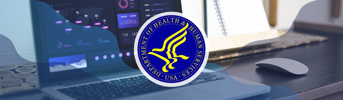 a laptop displaying a dashboard with the Department of Health and Human Services seal overlaid on top