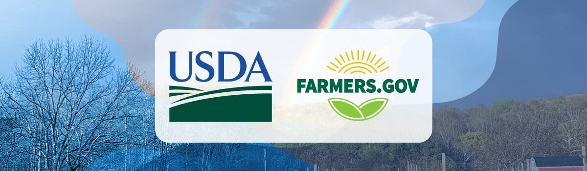 a farm with a rainbow and the usda seal and farmers dot-gov logo overlaid on top