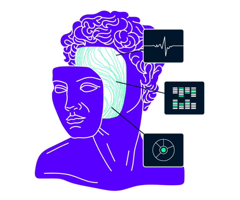 blue bust of male head with data graphics coming from their brain