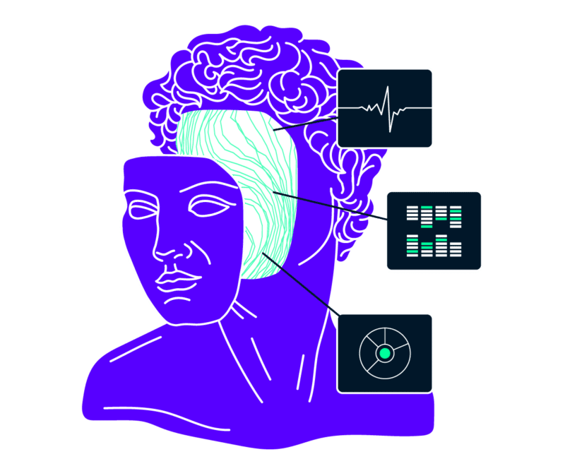 AI-hero blue bust of male head with data graphics coming from their brain