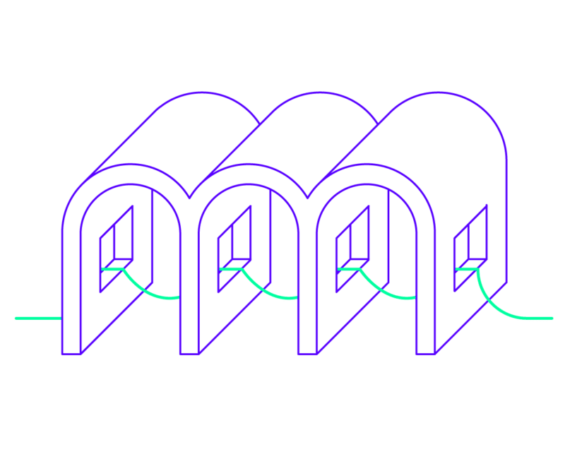 HCD-principles three purple curled arches with a green line going though windows on them