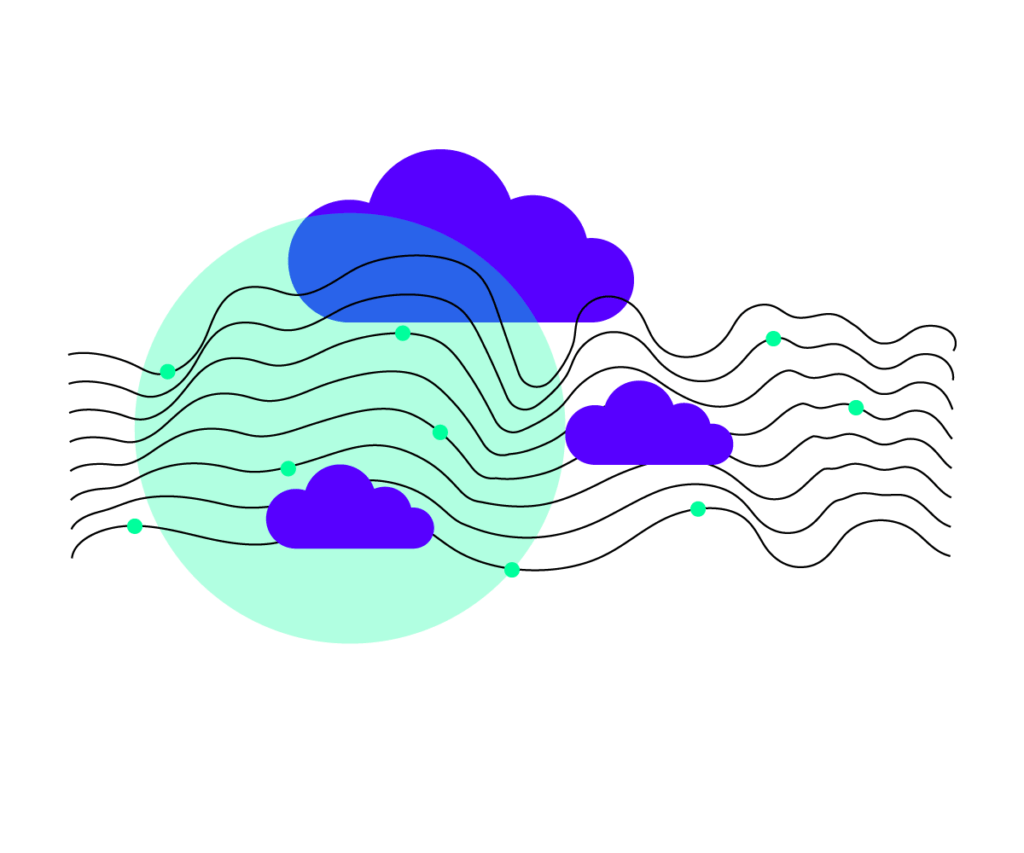 green circle and blue clouds with black wiggle lines