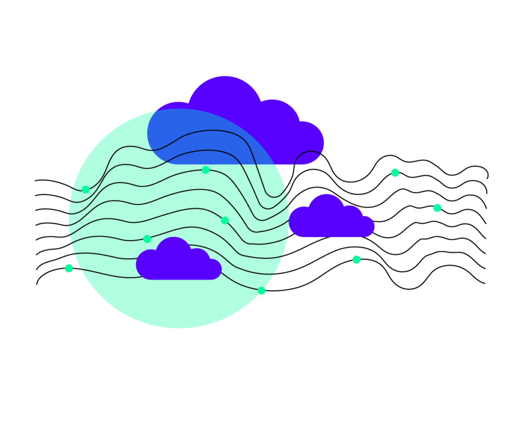 cloud-hero green circle and blue clouds with black wiggle lines