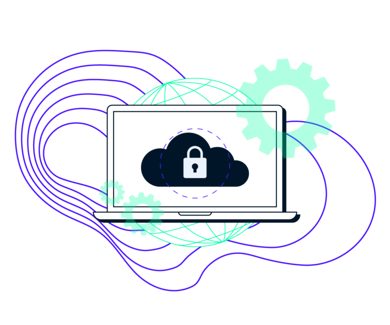 cyber-features-2 black computer screen with cloud and cyber lock on screen with purple lines in background and green gears
