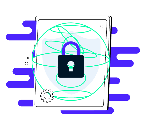 cyber-hero-2 black iPad with lock inside and blue and green graphic bubbles to represent cybersecurity services