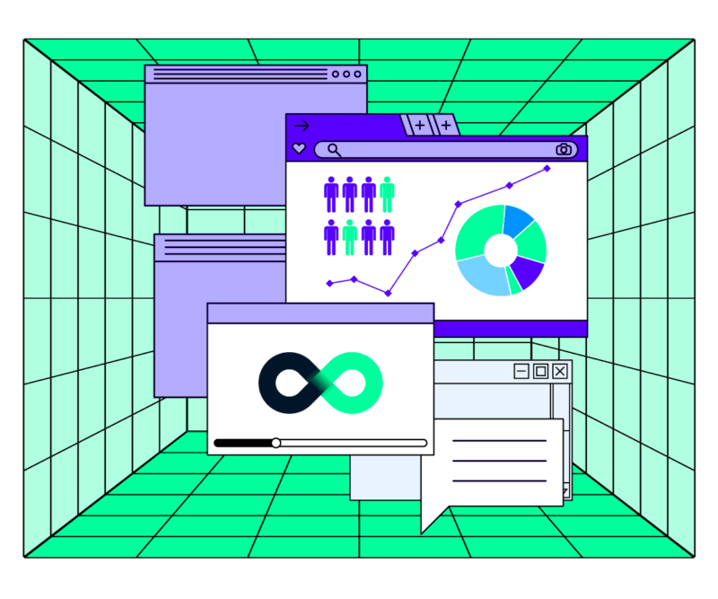 devops-features green box with white lines background with black text bubbles insides showing a DevSecOps symbol and web pages for cybersecurity