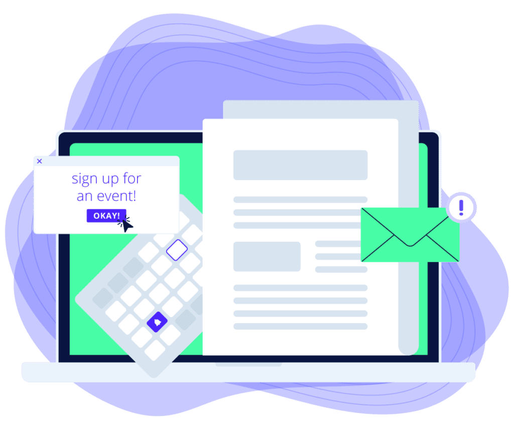 event-sign-up blue purple and mint illustration of people planning tech news and events and working together