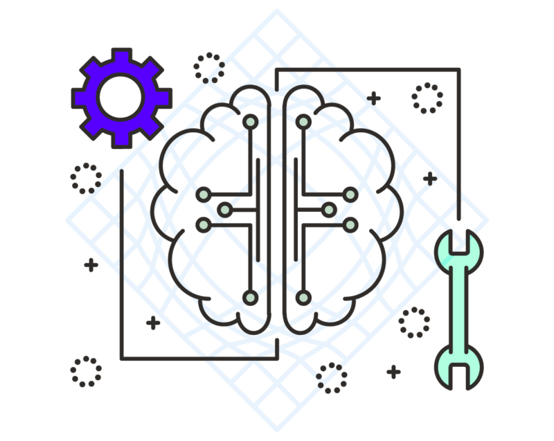 Black line art brain with data points and tools and gears representing AI and open source