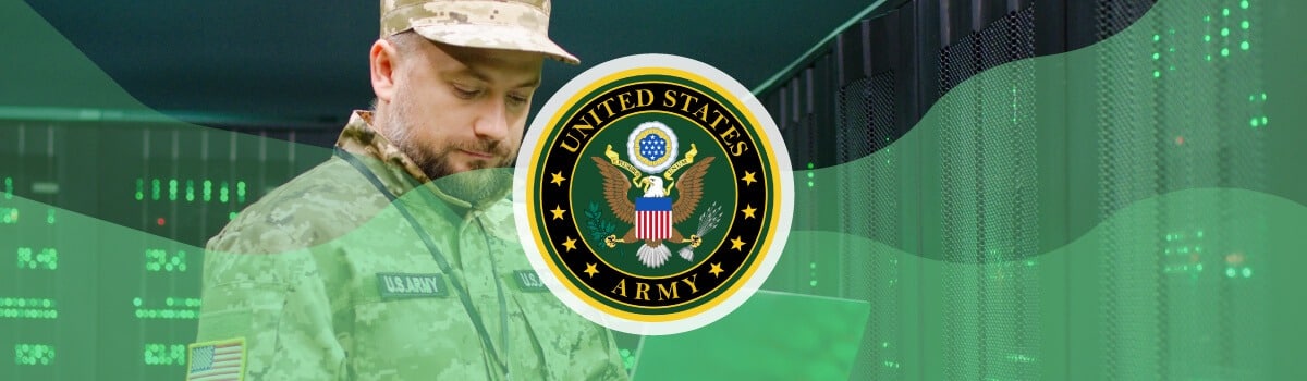 An army soldier using a laptop in a server room with the U.S. Army seal overlaid on top