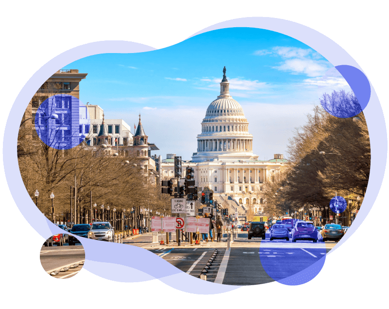 Colorful image of the streets of washington, dc with the capital building in the distance. The image is cropped to an organic round shape with purple overlay spots