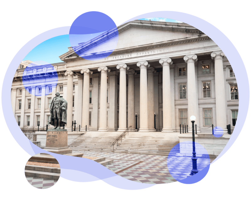 Image of the department of treasury building in washington dc. the image is cropped to a circular shape with colorful purple overlay circles on top