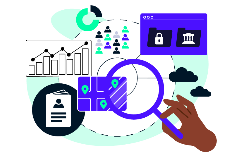 industry-civ-illustration Colorful illustration showing a dashboard depicting civilian data such as population, location, and other census graphs