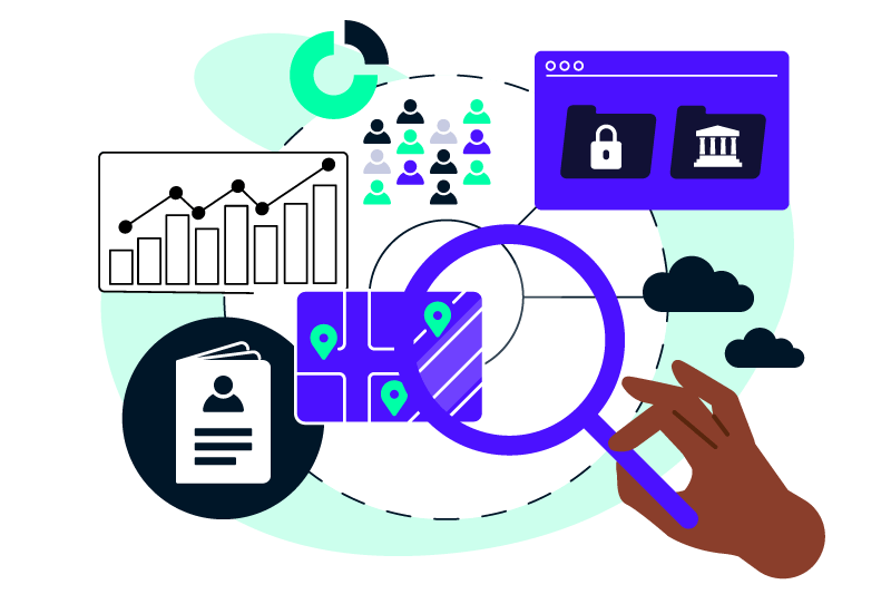 Colorful illustration showing a dashboard depicting civilian data such as population, location, and other census graphs