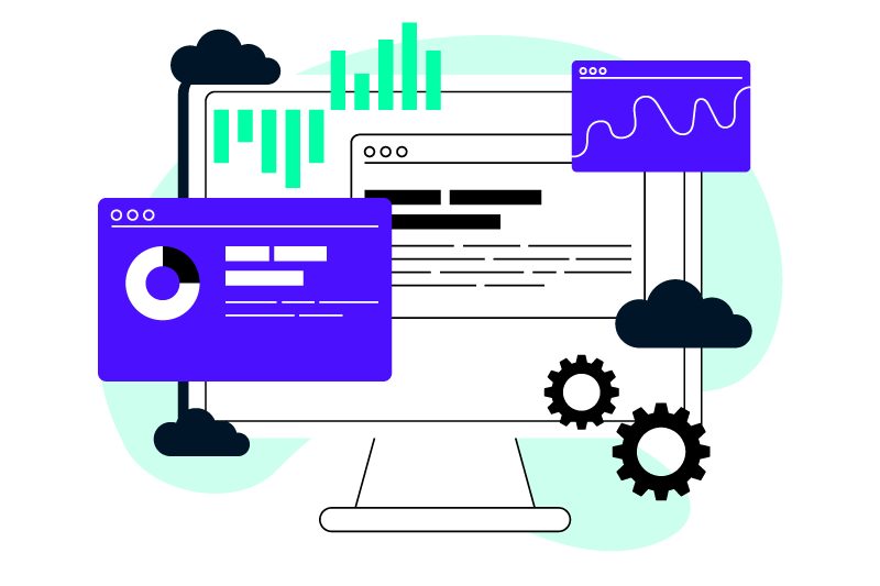 industry-def-illustrations Illustration of computer monitor in bold colors showing a dashboard of cloud, open-source, and data