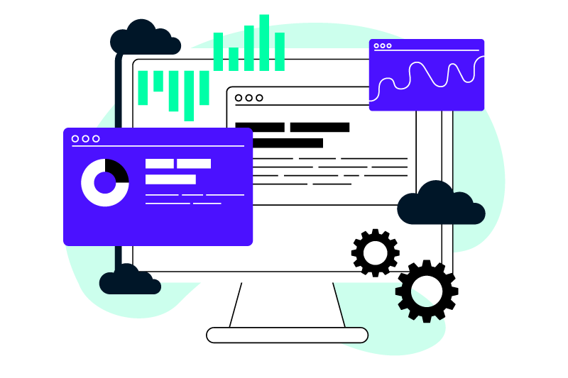 Illustration of computer monitor in bold colors showing a dashboard of cloud, open-source, and data