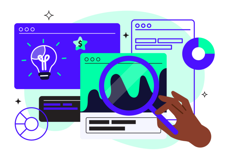  illustration hand and magnifying glass inspecting a financial dashboard. the illustration is bold and colorful with graphs