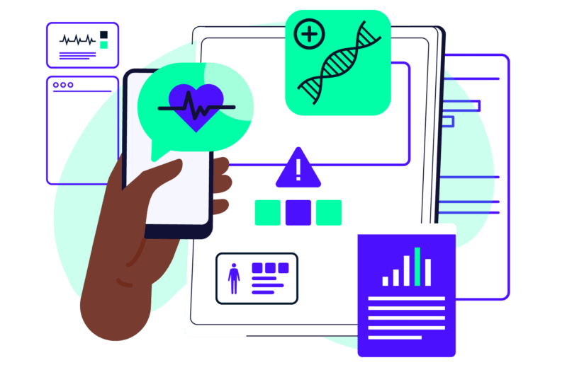 A colorful illustration of a hand accessing a medical dashboard on their mobile phone with a dashboard in the background depicting medical data and health IT graphs