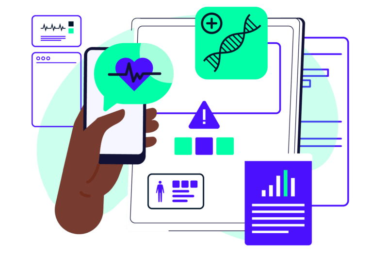 health-IT-illustration A colorful illustration of a hand accessing a medical dashboard on their mobile phone with a dashboard in the background depicting medical data and health IT graphs