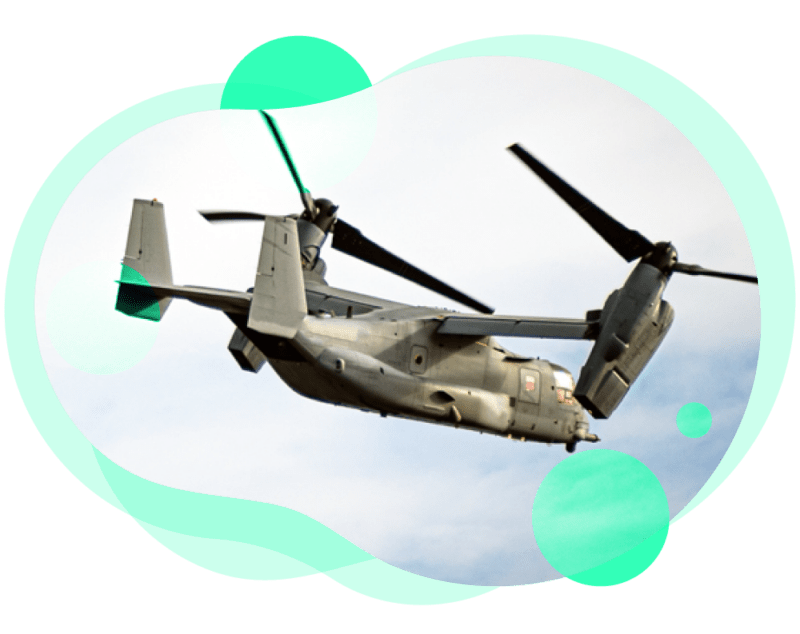industry_defense Image of an Air Force helicopter craft flying against a cloudy sky, the image is cropped to an organic round shape with light green overlays